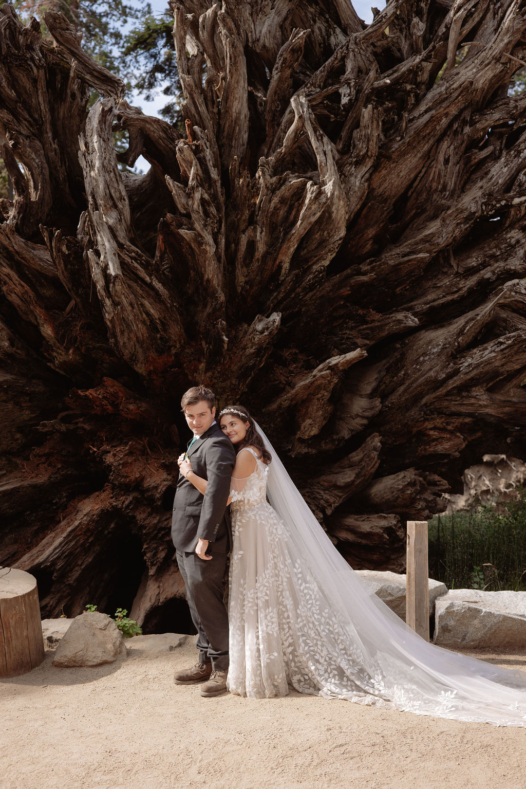 A bride and groom pose in front of a large, exposed tree root system in an outdoor setting surrounded by tall trees.