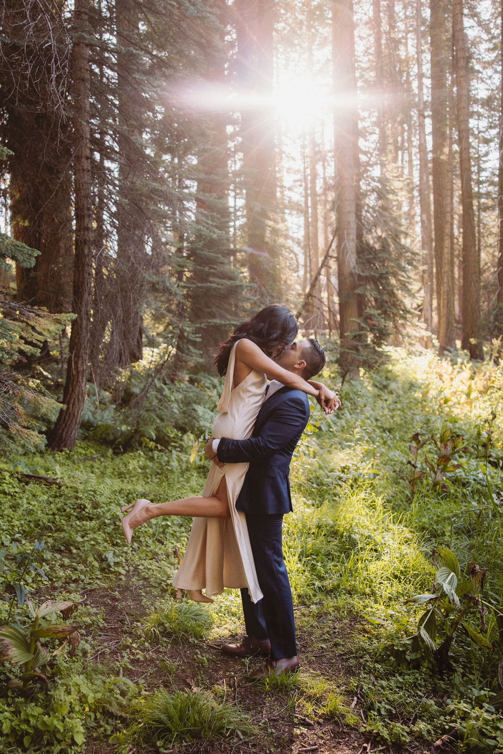 A couple embraces in a sunlit forest, with one person lifting the other off the ground. Tall trees and dense greenery surround them.
