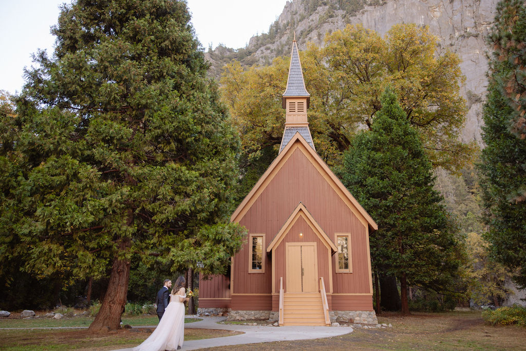 Bride and groom at Yosemite Chapel