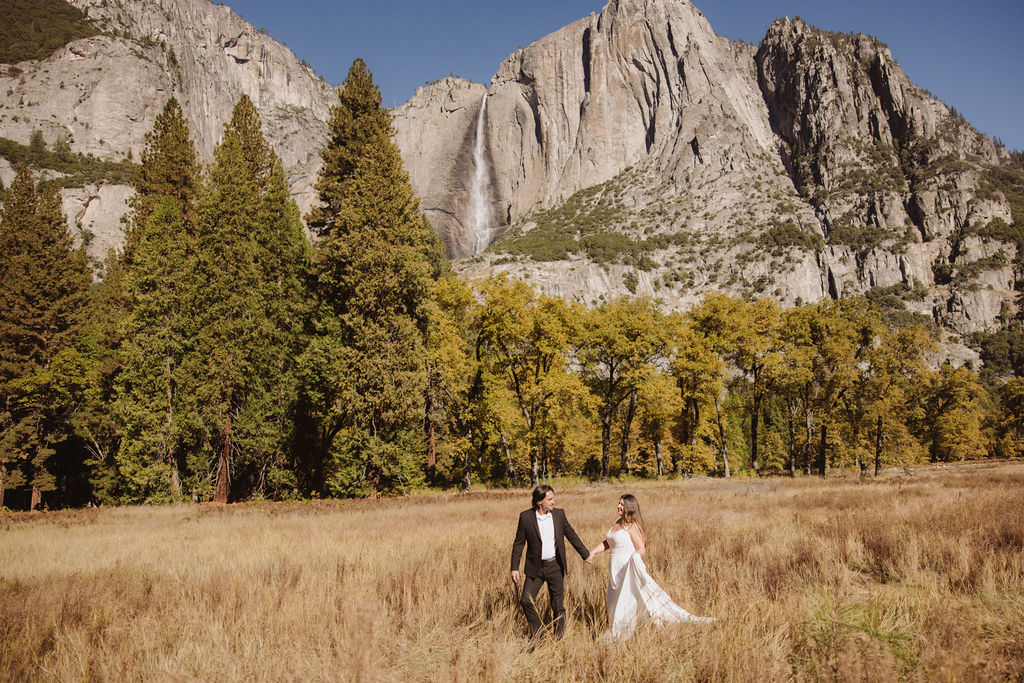 Bride and groom in Yosemite Valley during fall elopement