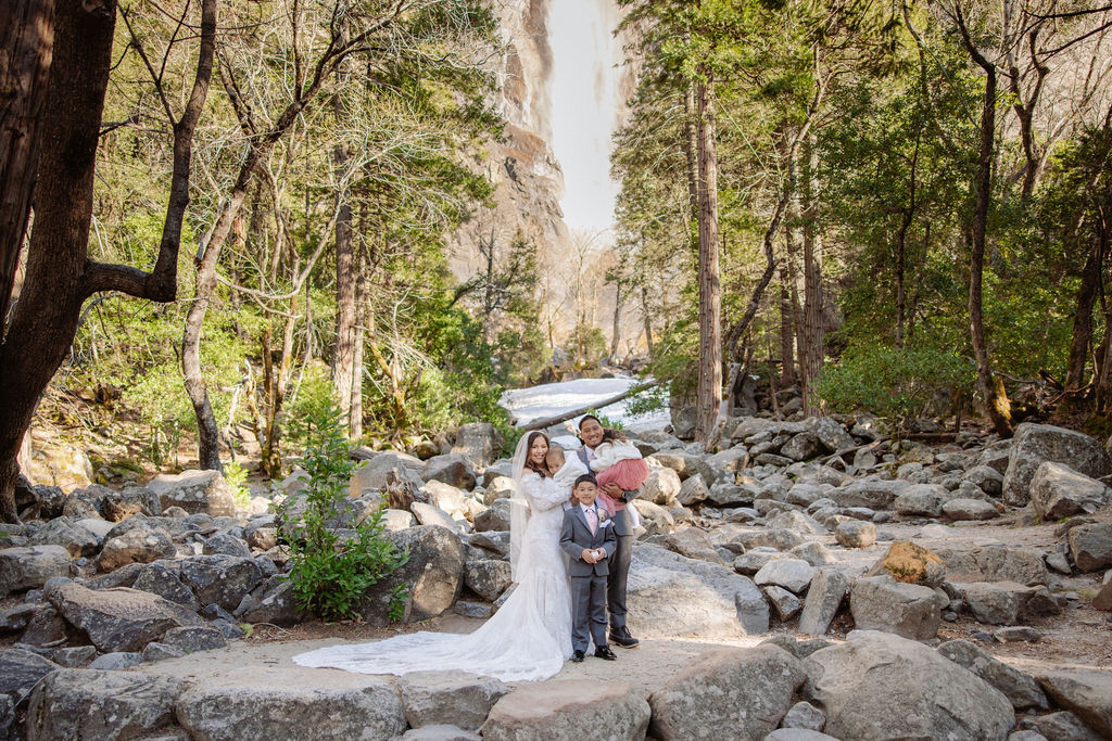 Bride and groom smile after their Bridalveil Fall wedding ceremony