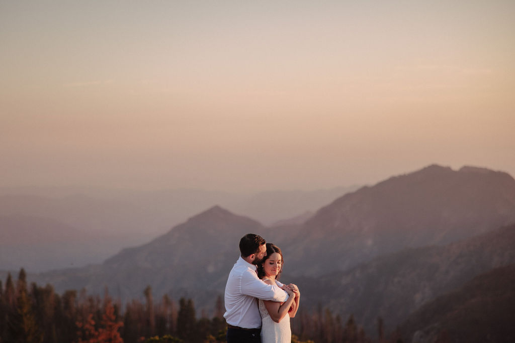 Bride and groom at sunset in Sequoia National Park