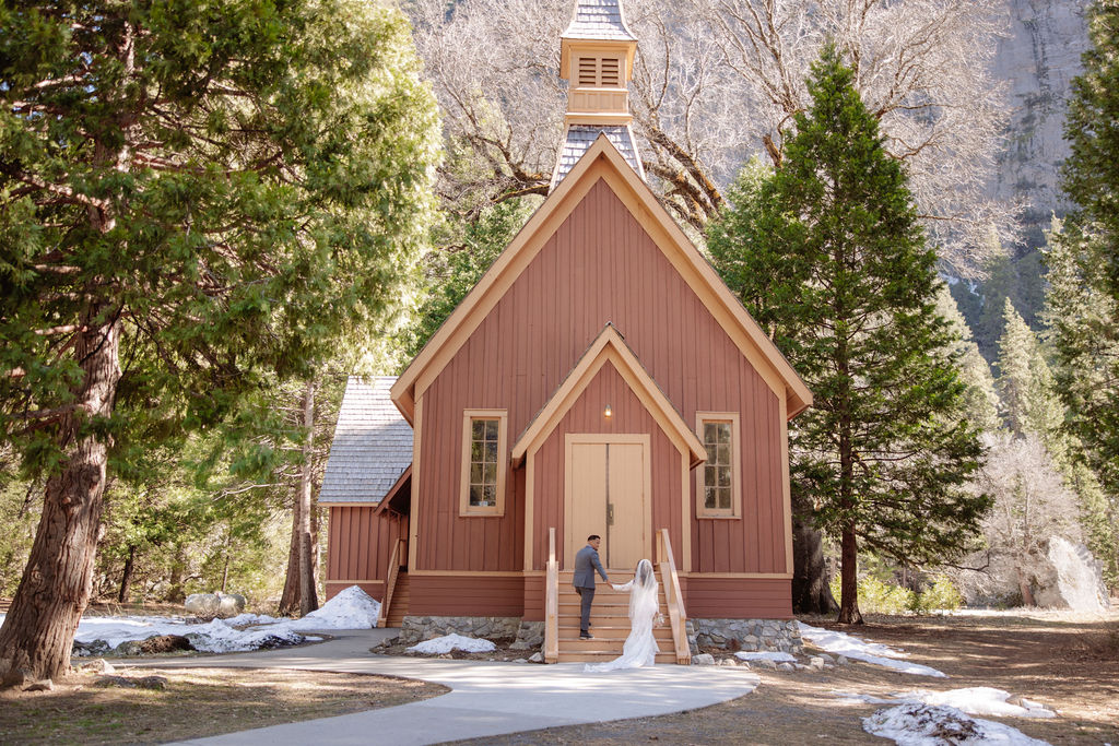 Bride and groom pose for wedding photos before their Bridalveil Fall wedding ceremony