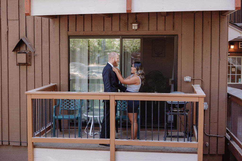 Bride and groom getting ready after getting their Yosemite elopement marriage license