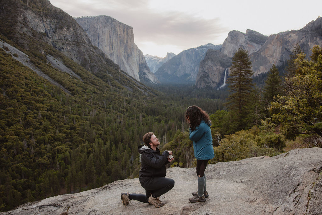 Man on one knee proposing to woman in Yosemite National Park
