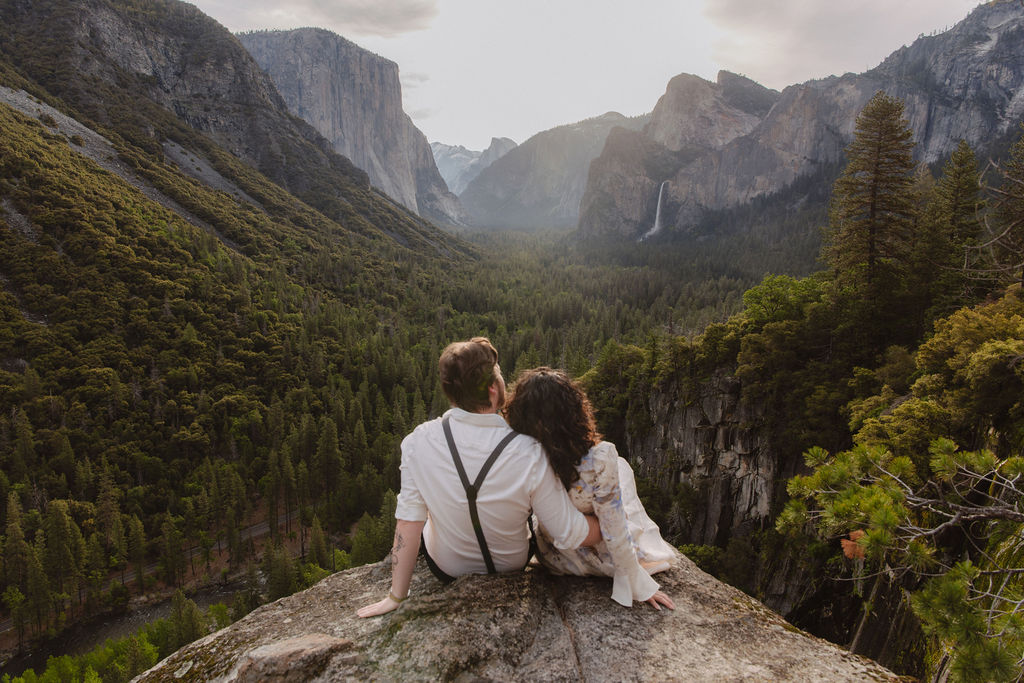 Couple looks out at Tunnel View during Yosemite proposal photos