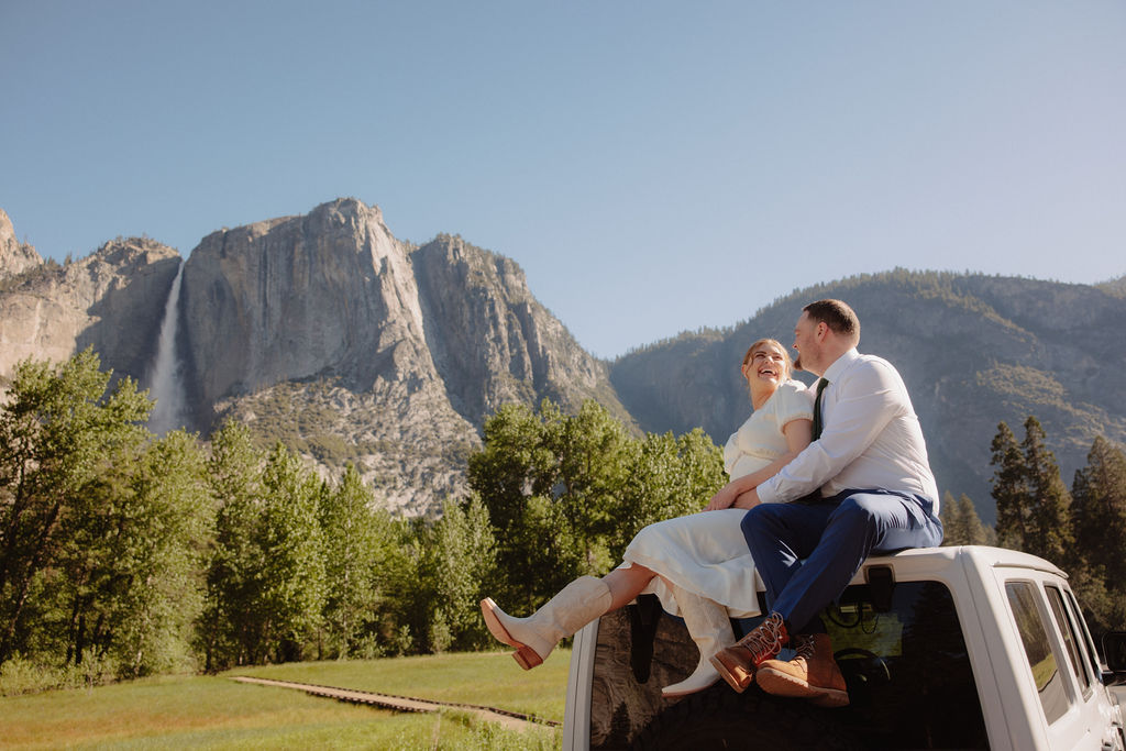 Bride in cowboy boots at Yosemite elopement
