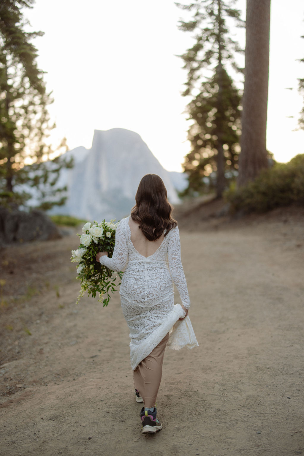 Bride approaching groom for first look at their Upper Yosemite elopement