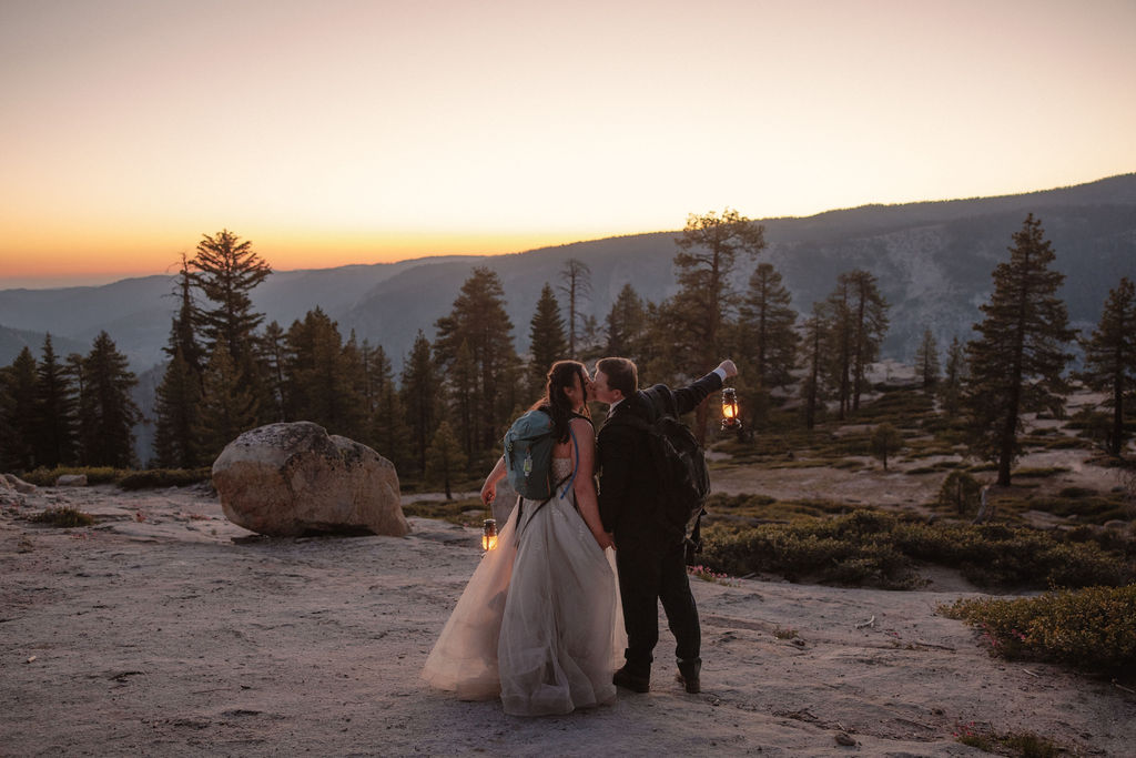 Bride and groom with lanterns at their June Yosemite elopement
